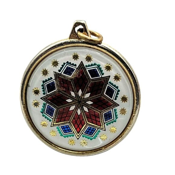 Snowflake Design Pendant Double Sided Multicolor Round Silver-tone Setting - Picture 1 of 9